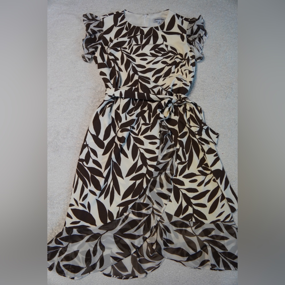 NWT Shelby & Palmer Women’s Leaf-Print Ruffle Dress in Cream and Brown Size 6